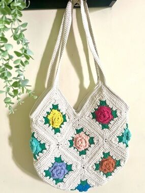 Handmade Crochet Floral Tote Bag in Cream with Multicolor Flowers